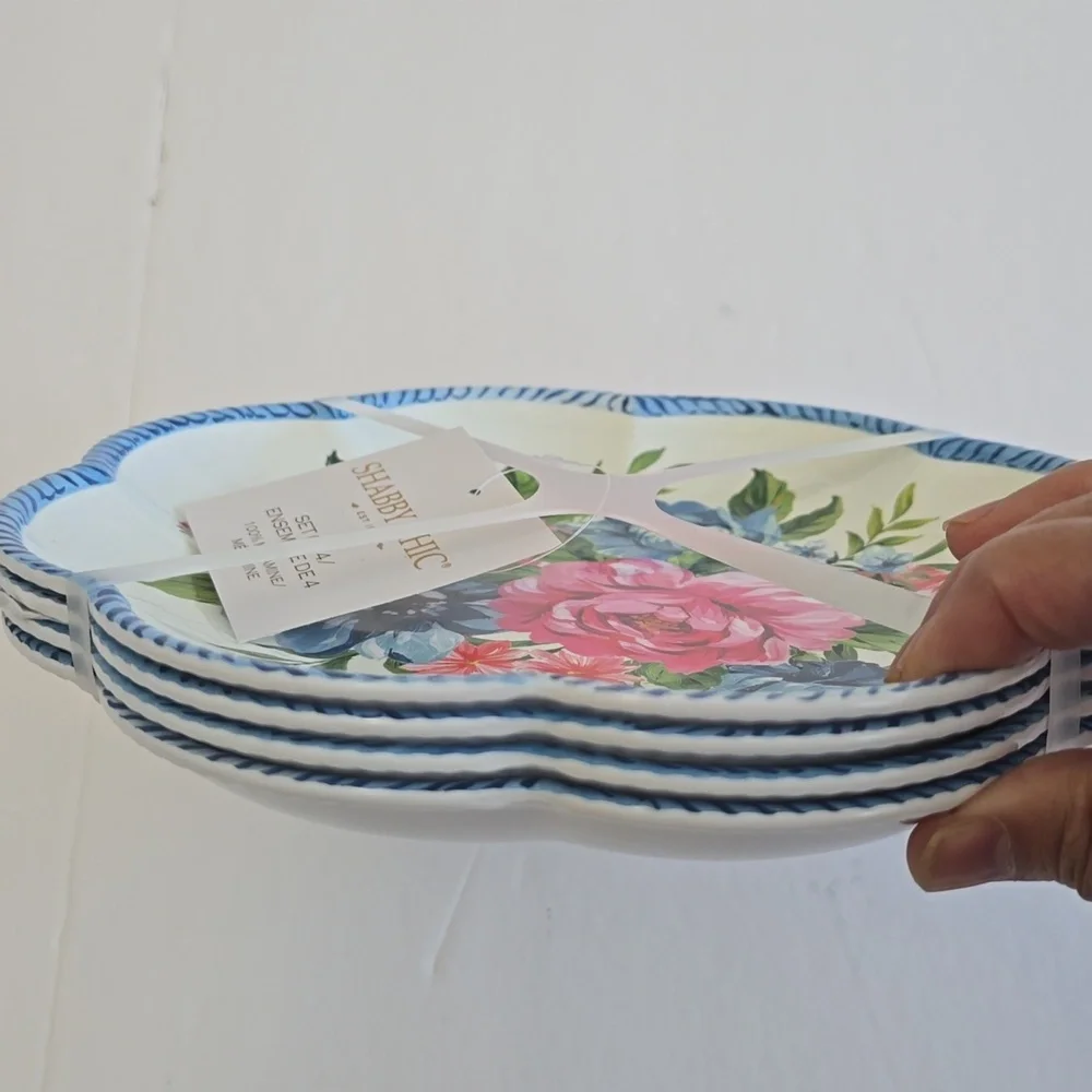 NWT Shabby Chic  Set Of 4 100% Floral Blue Pink Scalloped Melamine Plates